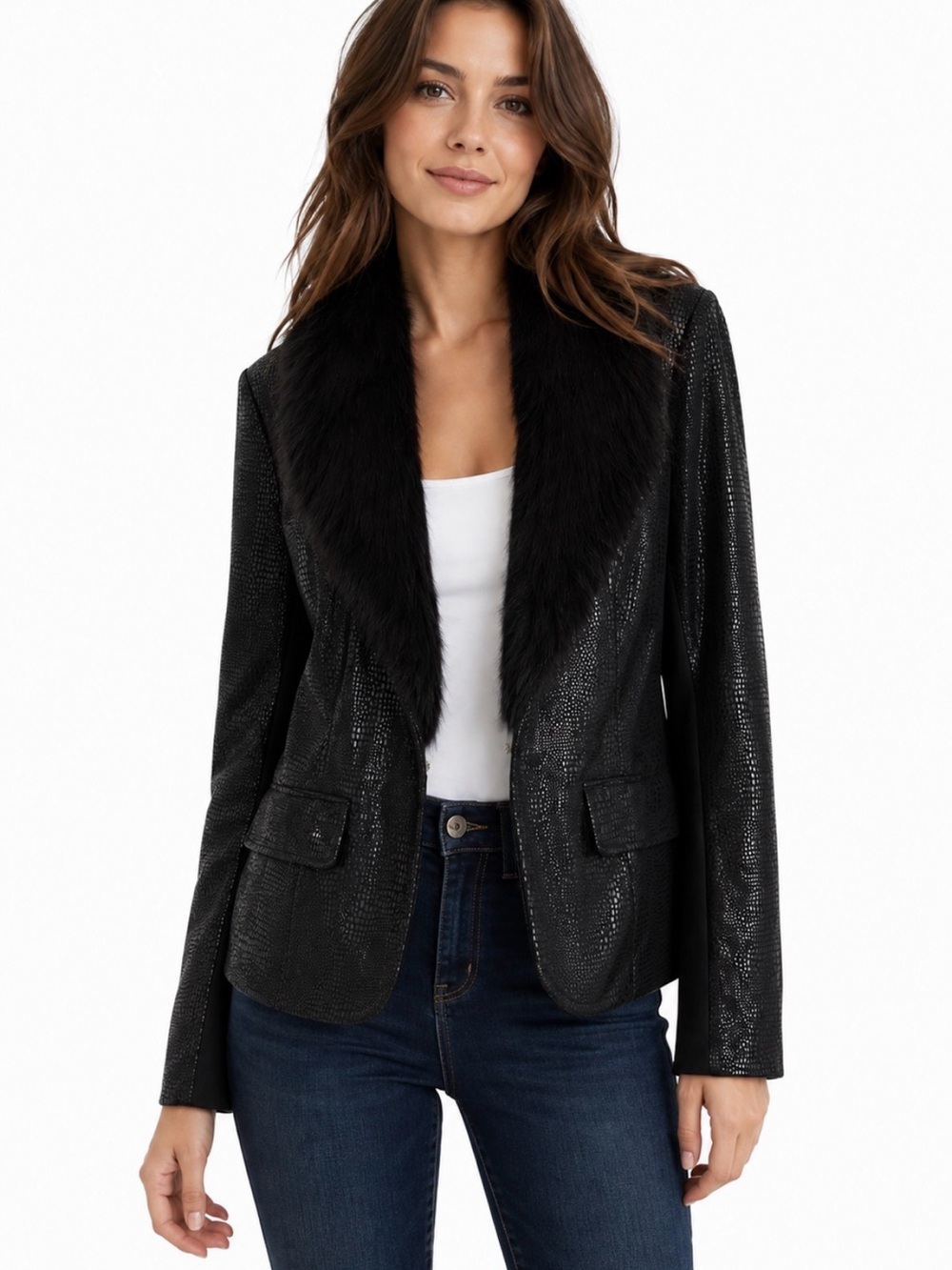 Chico’s Faux Sueded Leather Reptile Print Blazer With Faux Fur Collar Size 2